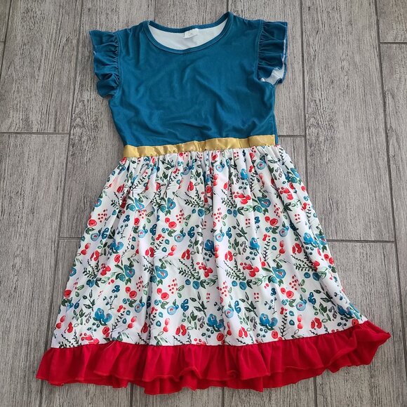 Girls blue Flutter short Sleeve Dress with white Floral Skirt – Girls 8T-10T - Picture 1 of 9